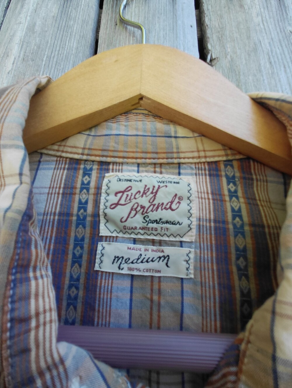 Lucky Brand western style pearl snap brown & navy blue plaid shirt Womens M - Picture 8 of 12
